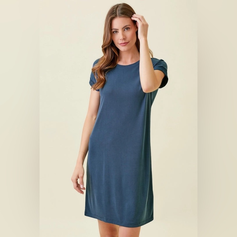 Brass Modal Blend Teal Blue Short Sleeve T-Shirt Dress, Women's Small